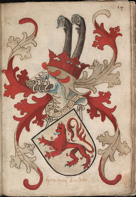 De moeder van Jan II van Polanen (ca. 1325-1378) [zie fol. 11r], Catharina van Brederode (1297-1372), was een dochter van Dirk II heer van Brederode (ca. 1256-1318). Het familiewapen van de Brederodes - een rode leeuw met blauwe tong en nagels, op een gouden achtergrond - is gelijk aan dat van de graven van Holland, van wie de Brederodes beweerden af te stammen. Zij voegden er slechts een barensteel aan toe, een teken dat zij een jongere tak van het gravenhuis vertegenwoordigen. Die barensteel ontbreekt hier. Het wapen is gemaakt tussen 1485 en 1495. 

Bron/licentie: Heraut Nassau-Vianden - Dit is een afbeelding uit de digitale en/of fysieke collecties van de Koninklijke Bibliotheek, de Nationale Bibliotheek van Nederland.
